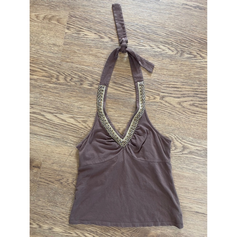 ana A New Approach Brown Beaded Halter Top Medium Y2K Boho Embellished V-Neck - Picture 1 of 5